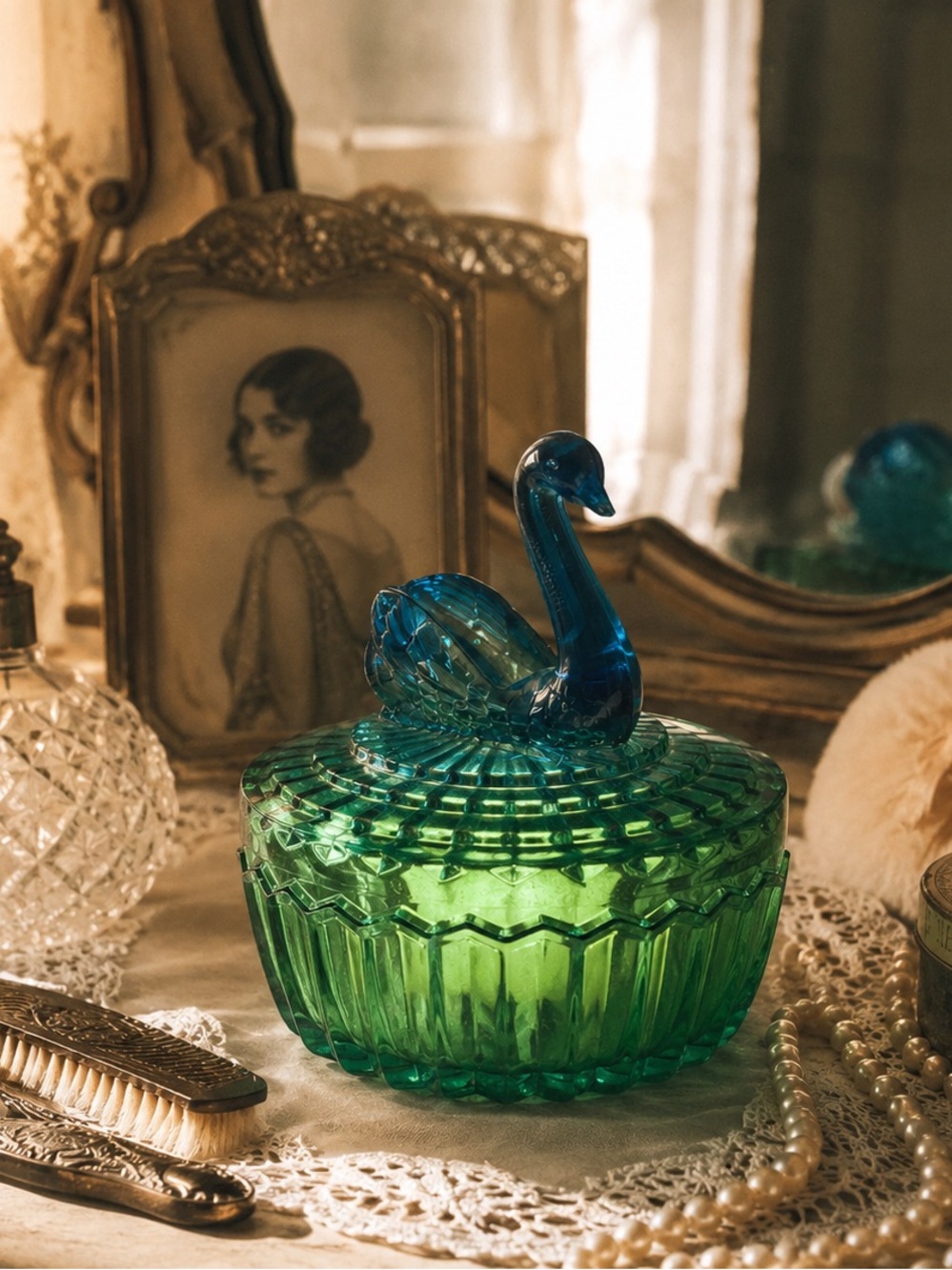 Vintage Blue & Green Glass Swan Powder Jar Vanity Trinket Box Fairy Lamp Style